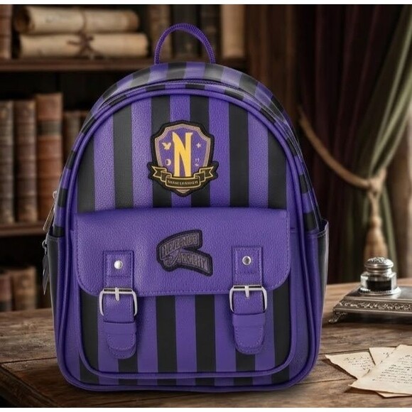 Source Unknown Handbags - Wednesday Addams Nevermore Academy Women's Striped Mini Backpack, Purple/Black